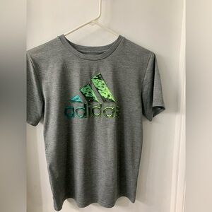 Adidas Boy’s Short Sleeve Tee in Gray with Vibrant Green Logo